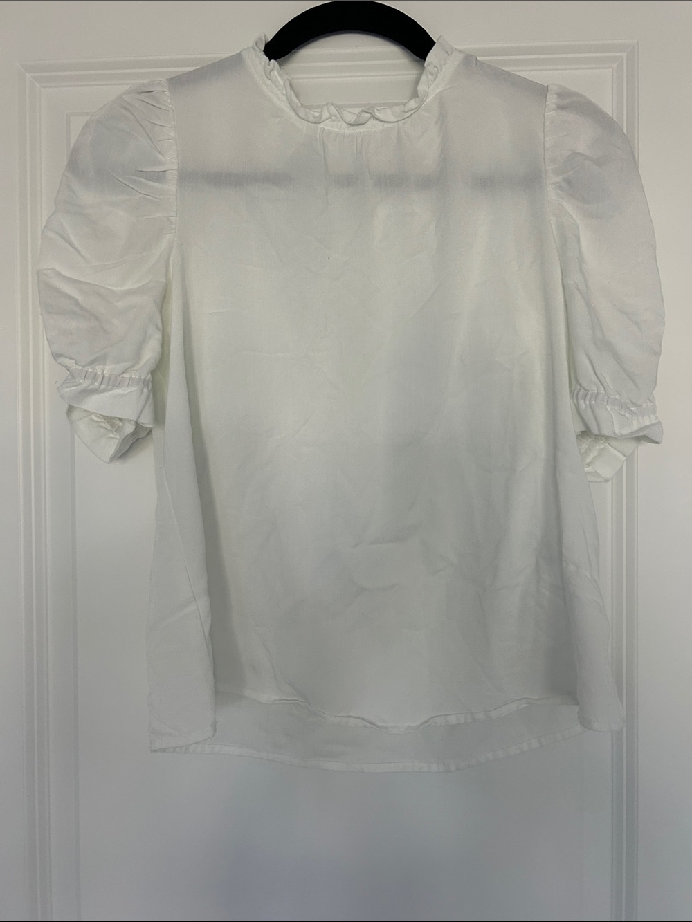 THML White Puff Sleeve Ruffle Neck Blouse